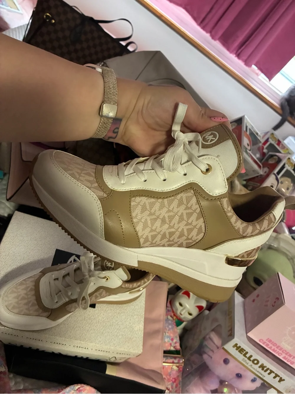 Michael Kors Beige and White Logo-Print Runner Sneakers